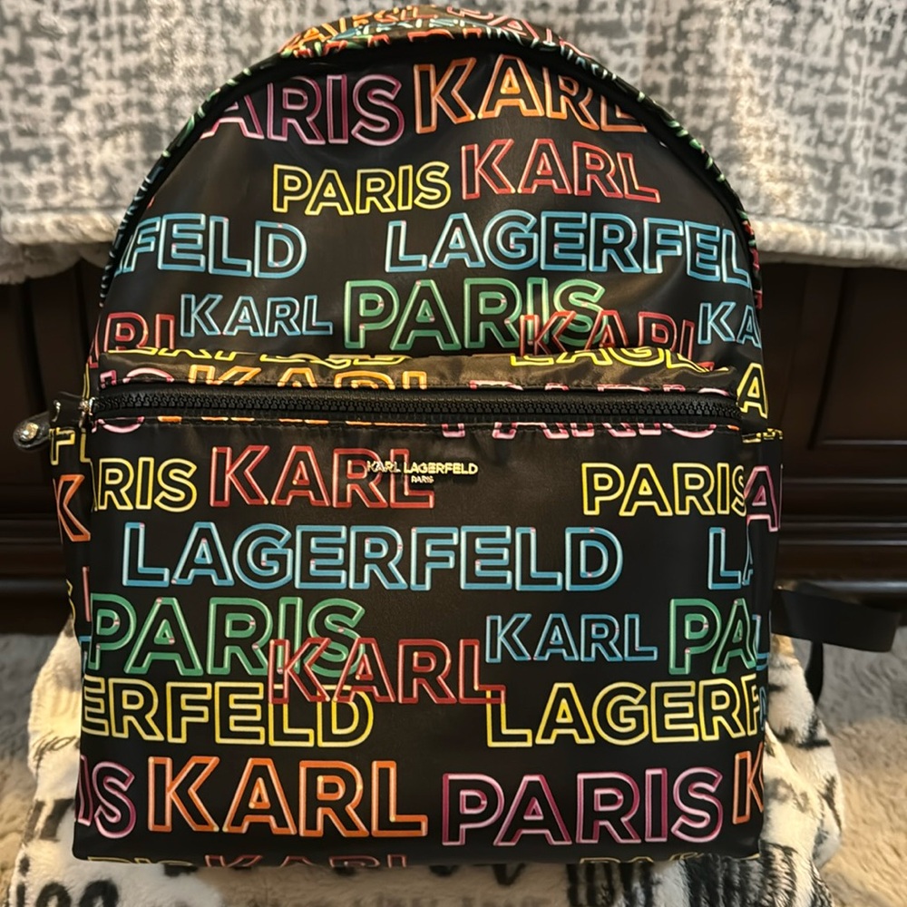 NWT Karl Lagerfeld Nylon Multi Color Backpack With 2 Side Pockets & Front Pocket - Picture 1 of 16